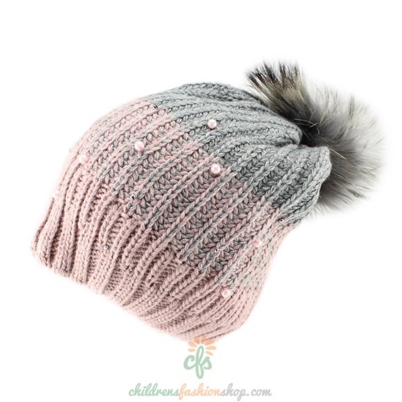 Barbaras Brown Warm Winter Natural Fur Pom Pom Beanie Hat